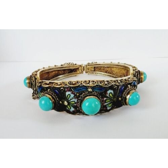Antique Chinese Sterling Silver Turquoise & Enamel Filigree Vermeil Bracelet